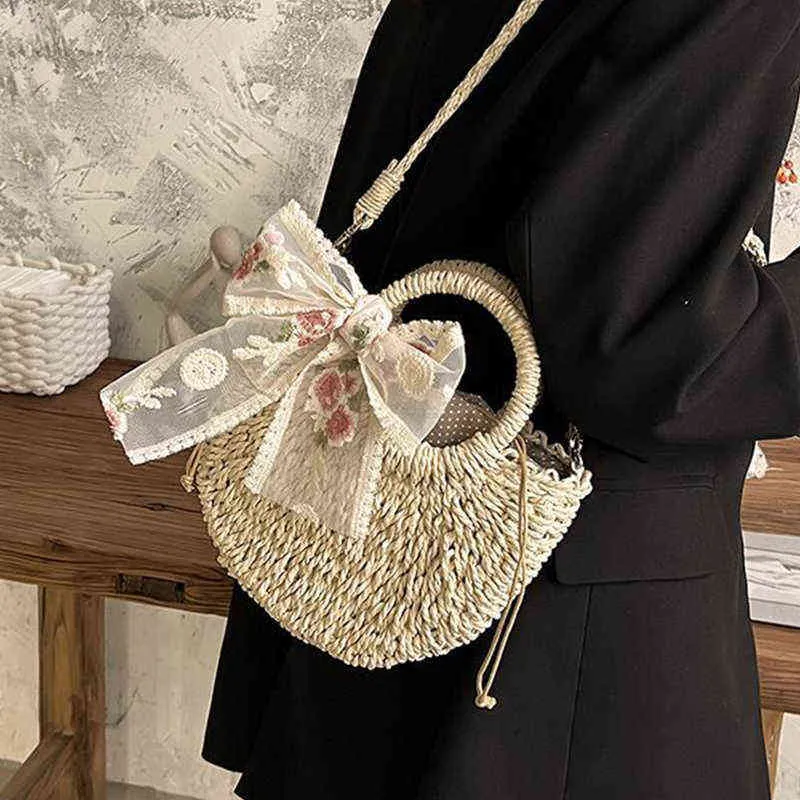 Einkaufstaschen Sommer Band Stroh Gewebt Handgemachte Frauen Handtaschen Reise Urlaub Strand Casual Shopper Korb Rattan Schulter bolsa 220318