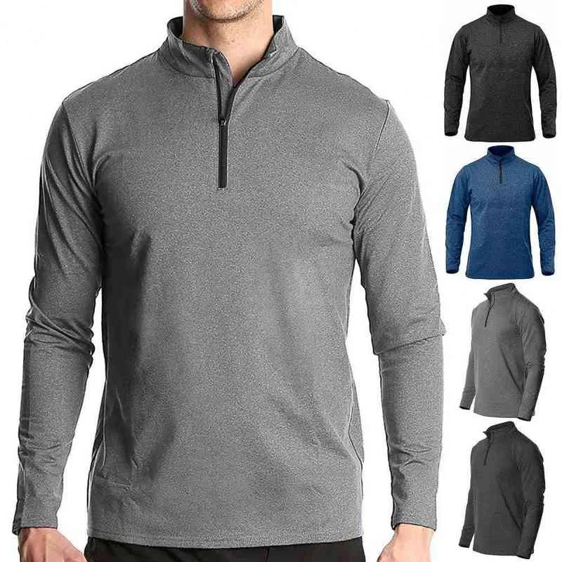 Solid Color T-shirts Men Base Top Autumn Long Sleeve Top Men Zipper Stand Collar Tees Top Male Pullover Tshirts L220704