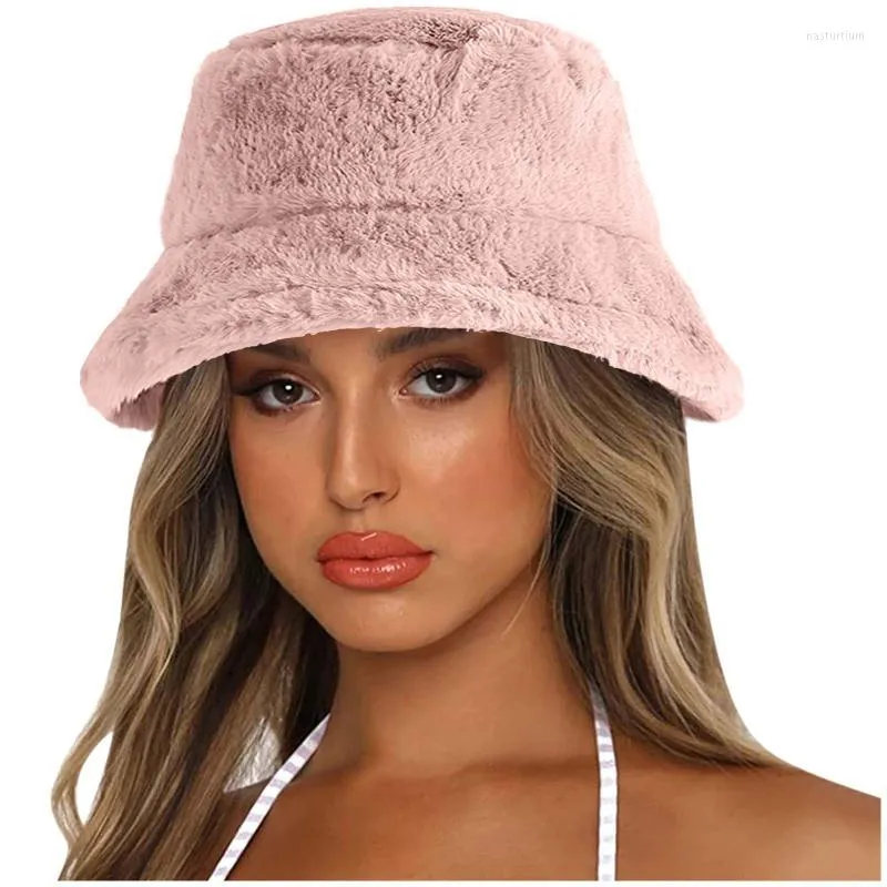 Sombreros de ala ancha Sombrero de cubo Moda Color sólido Invierno Grueso Cálido Piel sintética Felpa Mujer Lana Lana Señoras Panamá Sombreros para el sol # GMWide259H