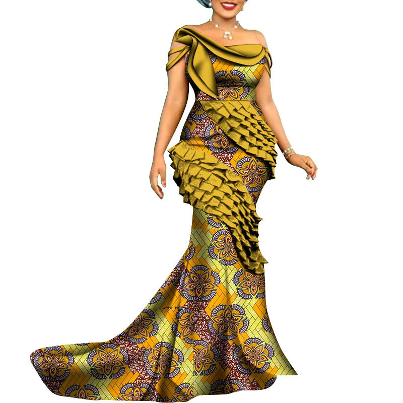 BintaRealWax New Custom African Evening Dresses for Women Bazin Dashiki Floor-Length African Print Cotton ladies Mermaid Party Dress WY8806