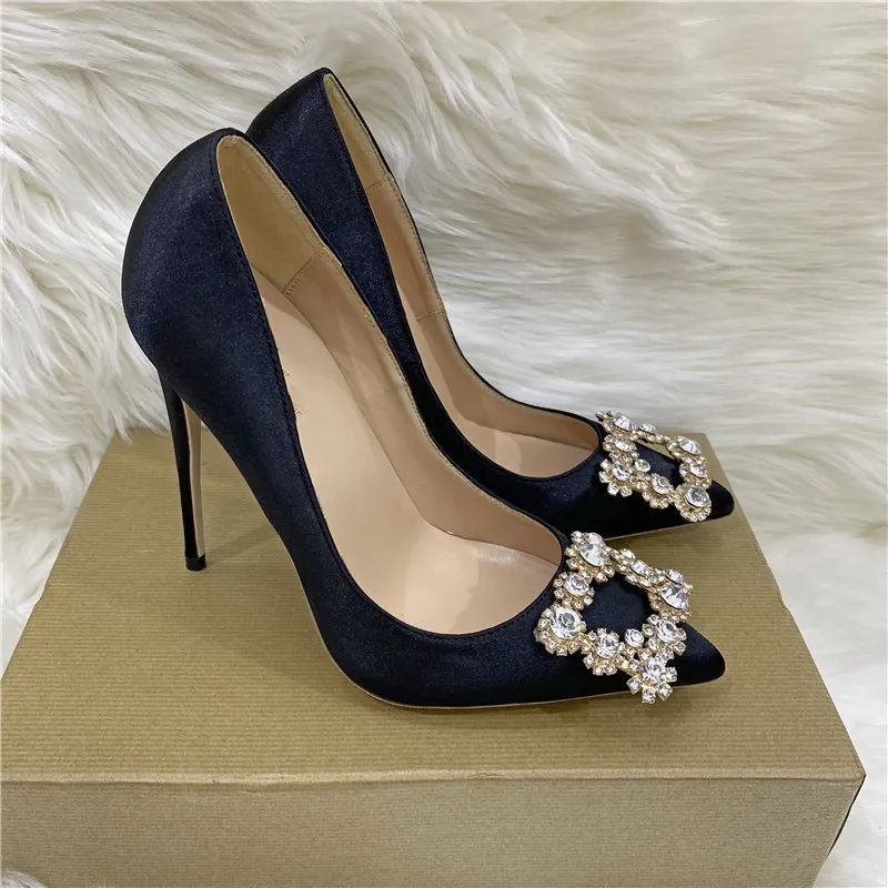 Veowalk Diamante Squre Decor Women Satin Pointy Toe Stiletto Pumps 8cm 10cm 12cm Sparkly Party Wedding Shoes Black Purple 220402