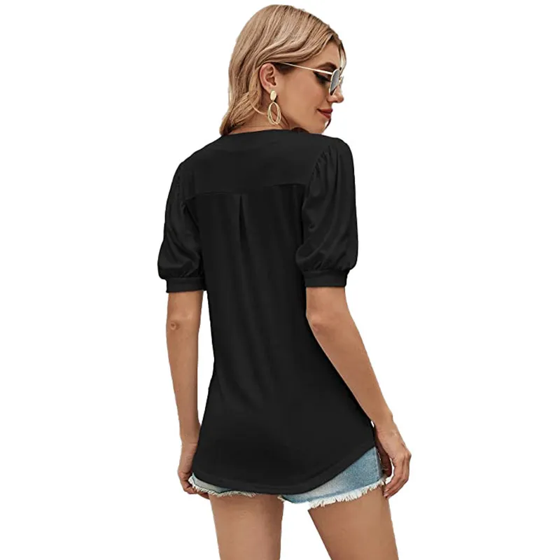 Cotton Oversized t-shirt for summer Casual v-neck T-shirt solid color puff sleeves loose crop top ladies Woman clothes