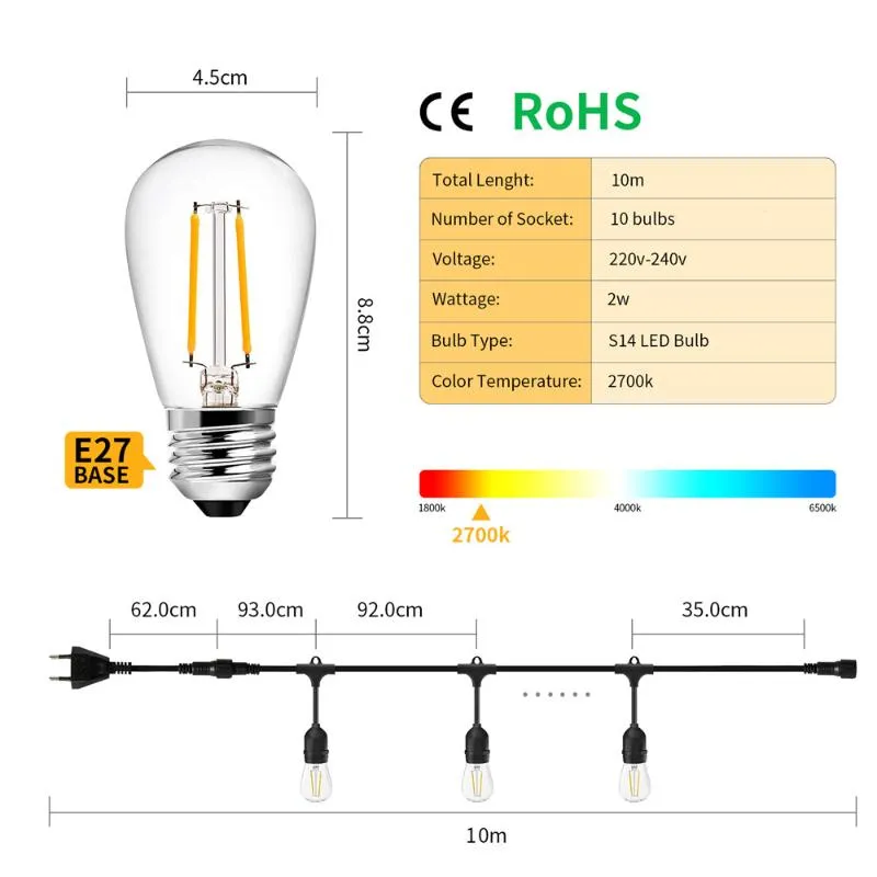 Cordes en plein air 10m LED ampoule chaîne lumières 110V 220V S14 rétro Edison pour Patio jardin maison fête de mariage décor de noël lampe LED306l