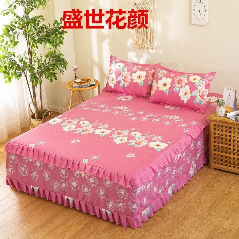 Three-layer Lace Wedding Red Soft Bed Skirt Summer Cotton Bed Cover Skirt King Queen Size With Pillowcase 220525