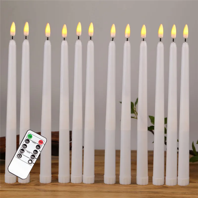 Pack of 12 Warm White Remote Flameless LED Taper Candles Realistic Plastic 11 inch Long Ivory Battery Operated Candlestic 220606272r