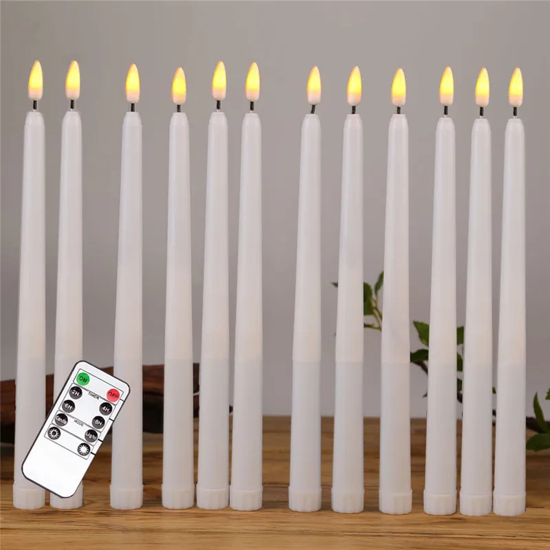 Pacote de 12 velas cônicas LED remotas brancas quentes sem chama de plástico realista de 11 polegadas de comprimento marfim castiçal operado por bateria 220606272r