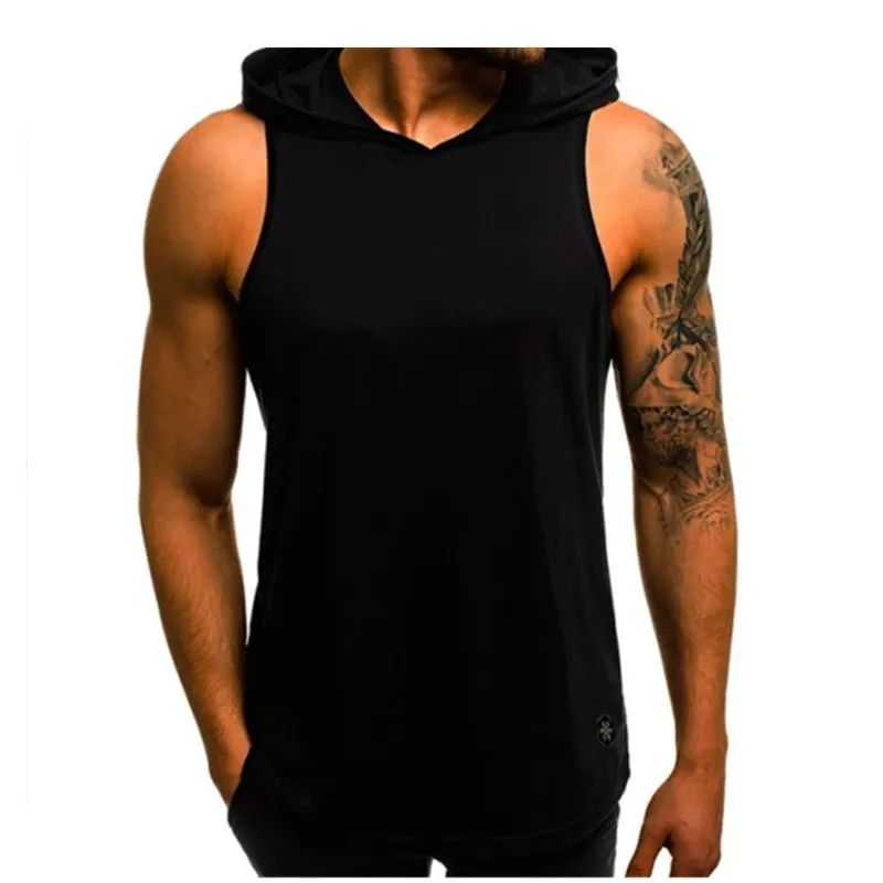 Men Hoodies Tank Top Sleeveless Muscle Gym Sport Slim Vest Bodybuilding Hooded Hip Hop Streetwear Workout Elastic 220624