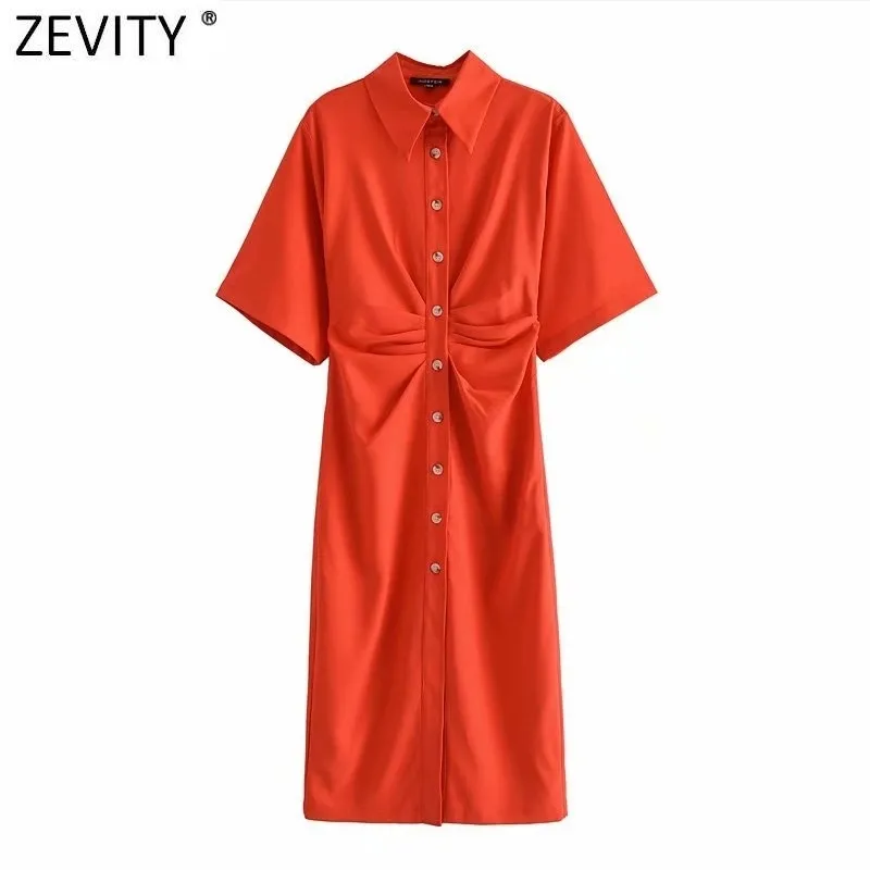 Zevity Women Chic Fashion Buttonup Draped Midi Shirt Dress Vintage Short Sleeve Side Zipper Female Dresses Vestidos DS8602 220527