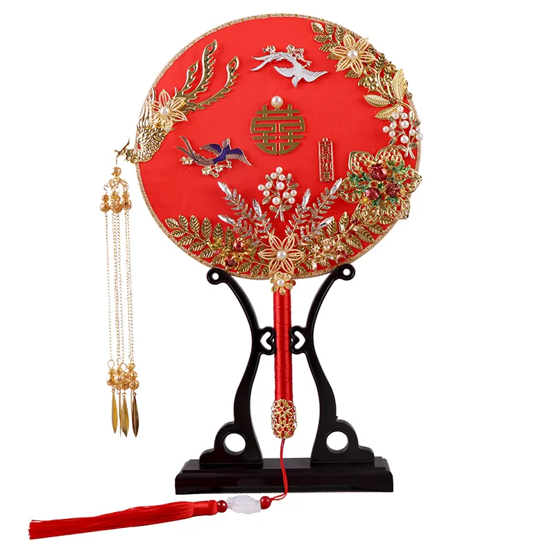 6 Style Traditional Chinese Wedding Bride Hand Fan Red Silk Round Fans Decor For Po Home Desk Hanfu favors Japanese 220505