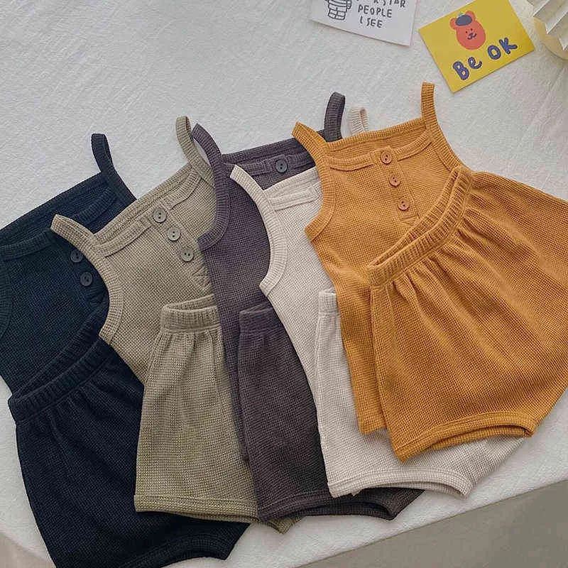 Nyfödda babykläder Sommarflickor Sticked Camisole Top Boy Baby Waffle Vest Triangle Shorts Casual Children's Suit G220521
