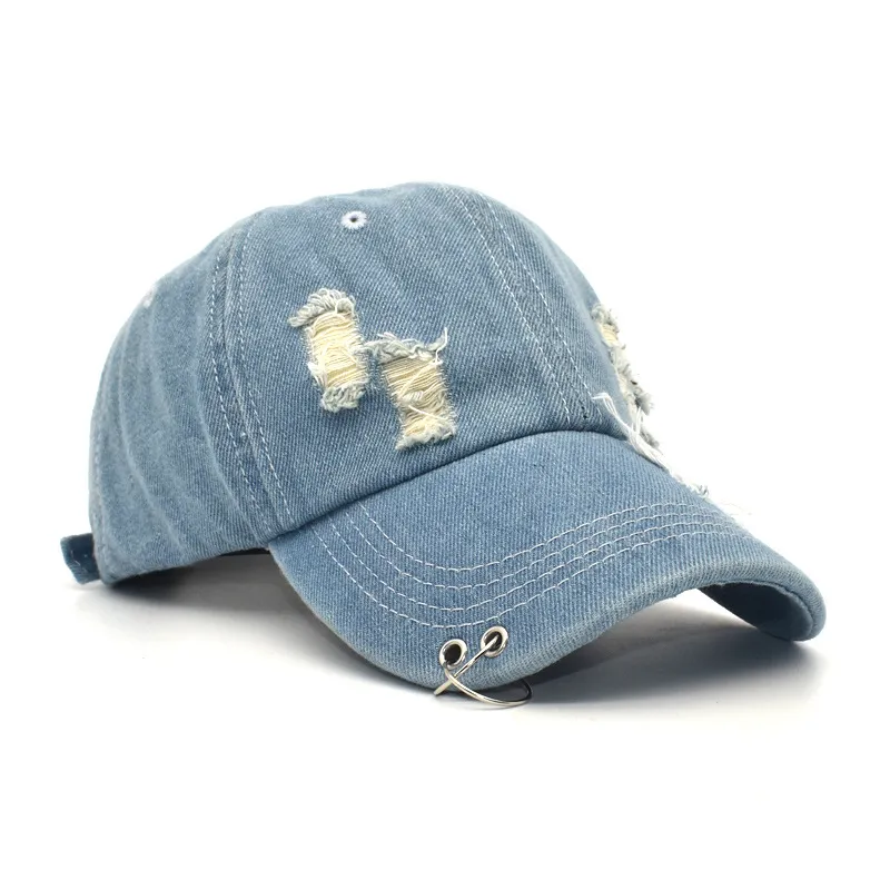 Distressed Washed Denim Ring Baseball Cap Hip Hop Ripped Cotton Jeans Dad Hat Adjustable