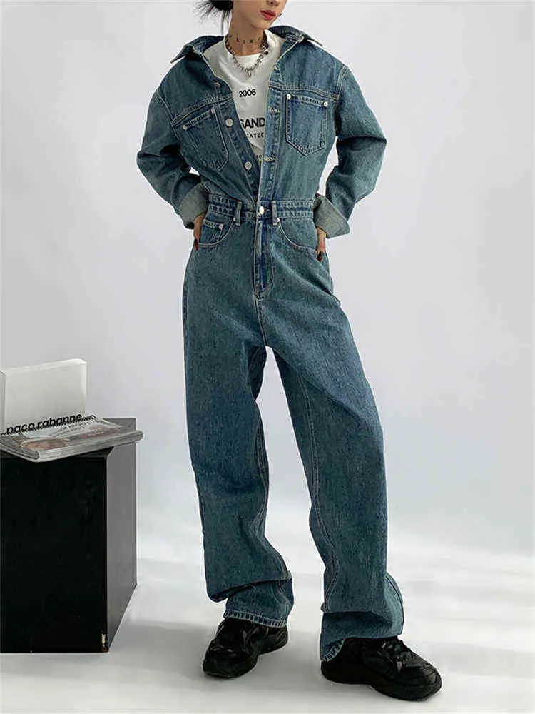 레트로 블루 씻은 노인 Denim Jumpsuits 여자 스프링 가을 가을 새로운 느슨한 싱글 브레스트 긴 슬리브 진 1 피스 바지 여성 T220728