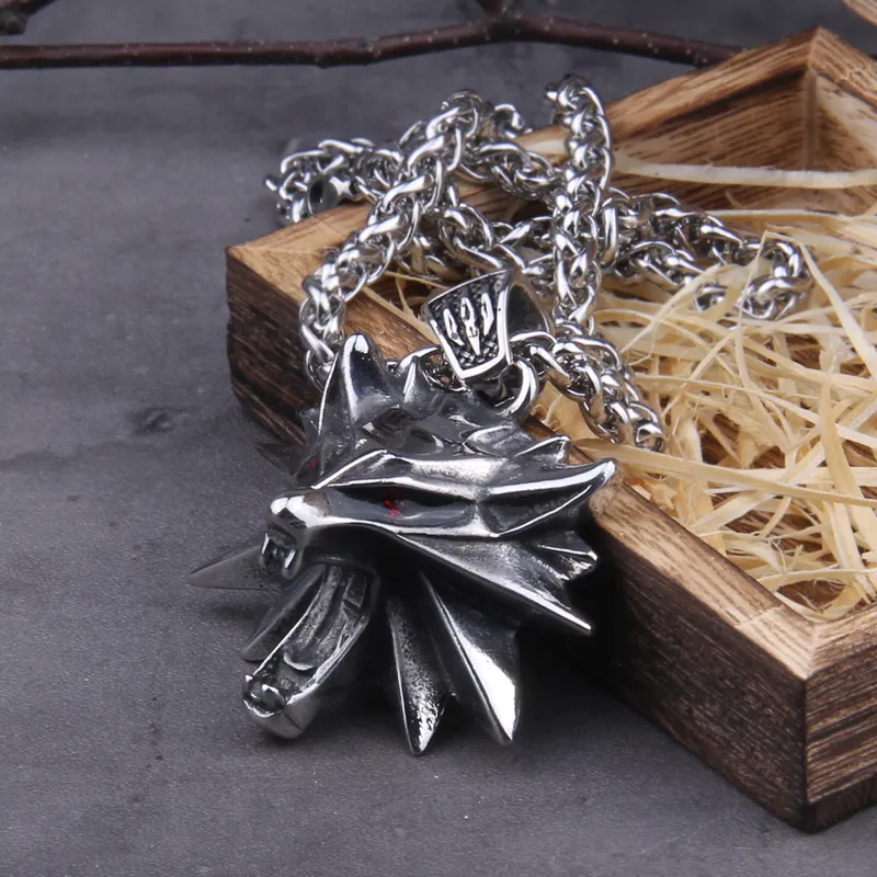 Stainless Steel TheWitcher jewelry Wizard 3 Wild Hunt Game pendant necklace Geralt wolf head necklace with wooden box 2208056125176864783