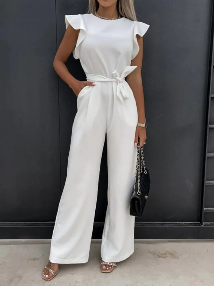 Summer Fashion Waist Lace-up Party Wide Leg Pant Women Elegant Solid Ruffle Sleeve Jumpsuit Casual Office O Neck Romper Overalls 220714