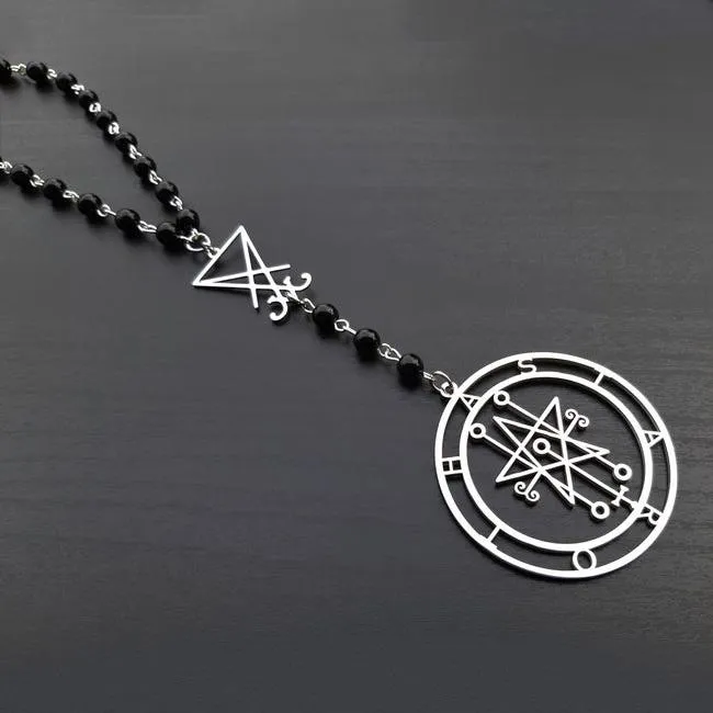 Chaînes Satan Lucifer Lilith Rosaire Collier Alternative Gothique Minimaliste Sorcière Amulette Noire Pentagramme Sorcellerie MoonChains252g