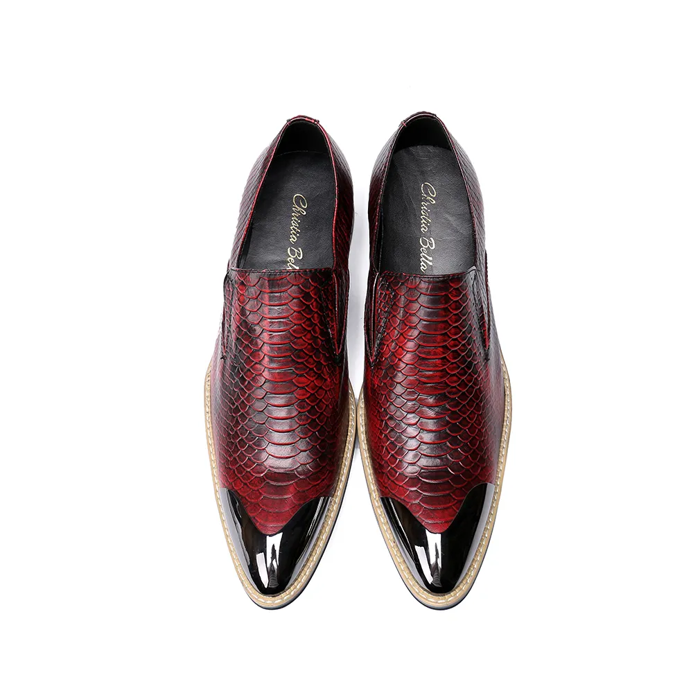 Nowe wino czerwone oryginalne skórzane buty formalne buty plus size spiczasty palce u nogi palec weselny płaskie buty męskie buty sukienki