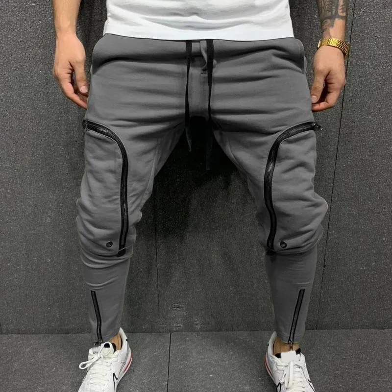 Pantalon homme Cargo mode couleur unie cordon décontracté Multi fermetures éclair poches pantalon Hip Hop Style Harem Streetwear 220827