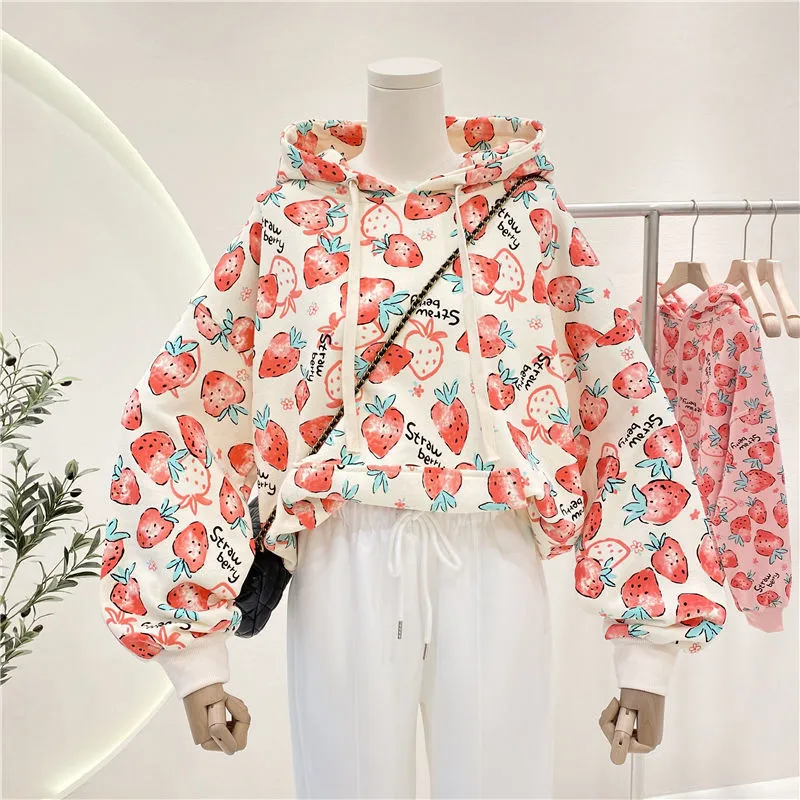 Spring Autumn Thin Pink Sweet Girly Style Hoodie Casual Loose Sweatshirt Harajuku Print Milk Strawberry Pullover Female 220815