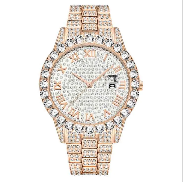 MISSFOX Européenne Hip Hop Diamant Hommes Montre Bracelet Quartz Calendrier Minéral Hardlex Miroir Montre-Bracelet Fabricants Direct Sal