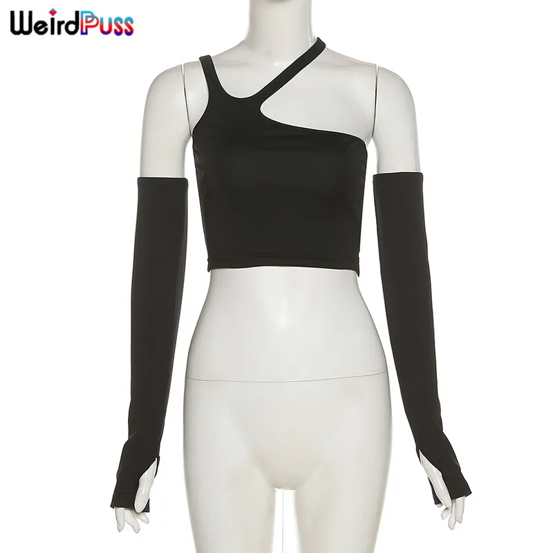 Weird Puss Irregular Skinny Y2K Crop Top Women Strapless With Gloves Stretch Solid Black Casual Streetwear Vest Tank Top Outfits 220511
