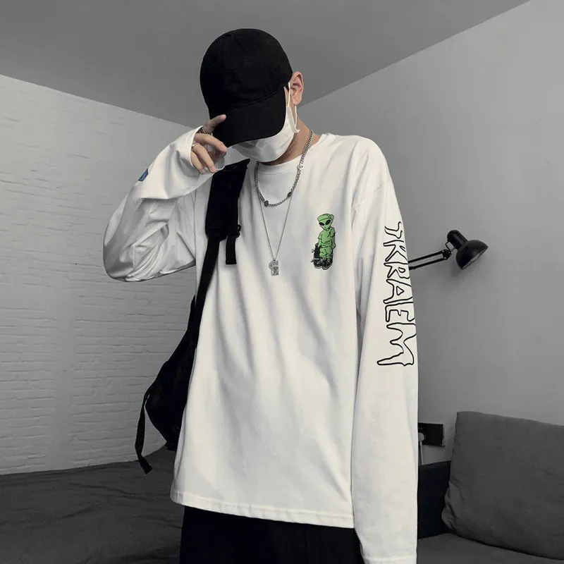 Schwarz Herbst Hip Hop T Hemd Männer Casual Männlichen Japan Coole T-shirt Streetwear Langarm Lustige Gothic T Shirts Coole Oneck tops 220608