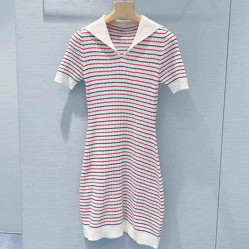 striped knitted skirt thin elastic Navy collar buttock short sleeve small dress new summer style
