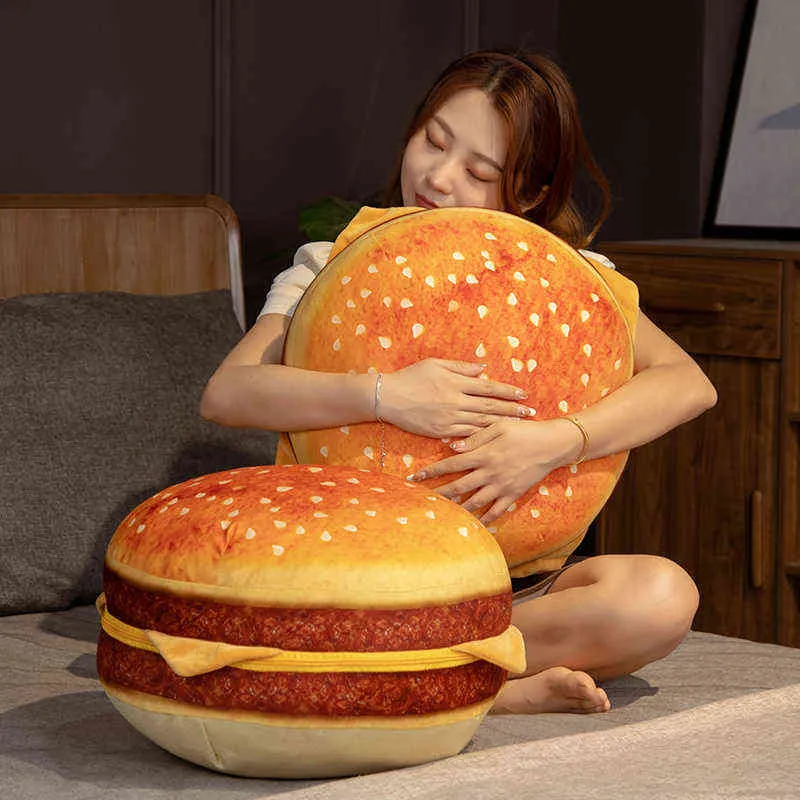 Cm Simulated Hamburger Plushie Filled Brown Baked Food Snack Round Cushion Jointed Seat Decorating For Chair Sofa Floor J220704