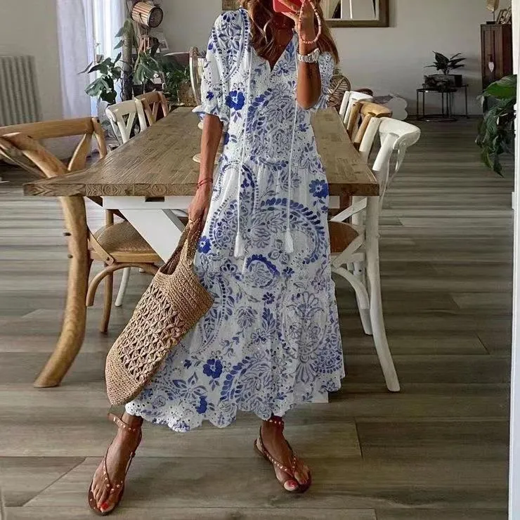 Blanc Maxi Robe D'été Élégant À Manches Courtes Évider Bohème Robes pour Femmes Lâche Fit V Cou Lâche Robe D'été Vestidos 220331