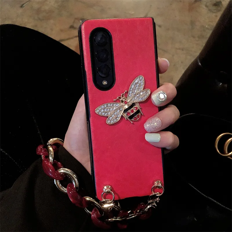 Vrouw Luxe Strass Honingbij PU Lederen Telefoon Case Voor Samsung Galaxy Z Fold 3 5G Fold 2 Cover met Hand Chain Polsband