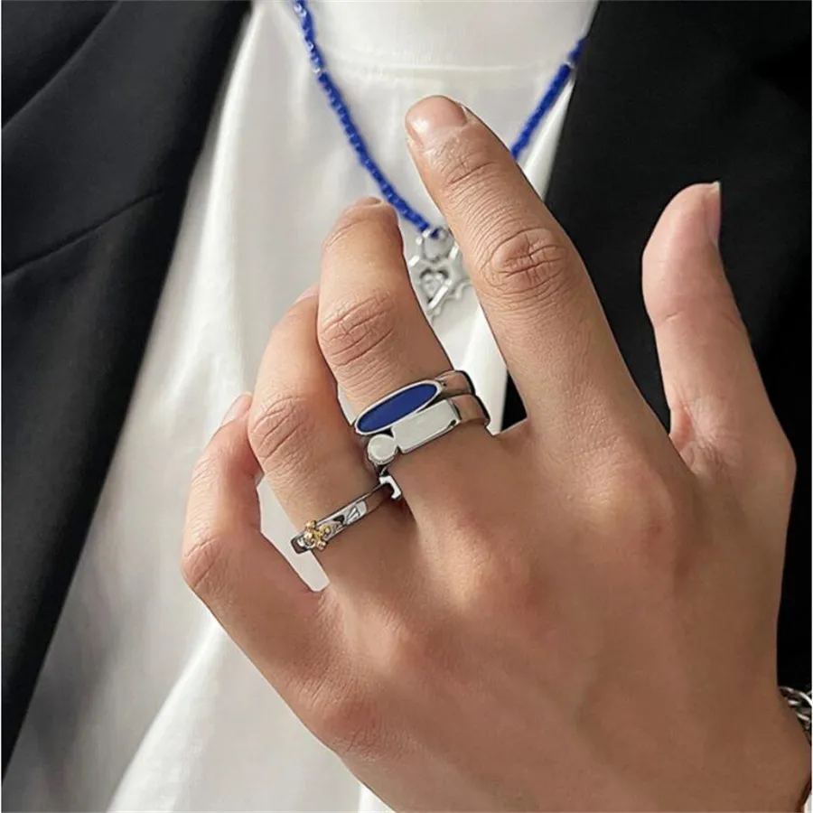 2022ss Koreanischer Stil Blauer doppellagiger unregelmäßiger Ring Herren-Kalt-High-End-minimalistischer Nischen-High-Street-Titanstahl-Schmuck262s