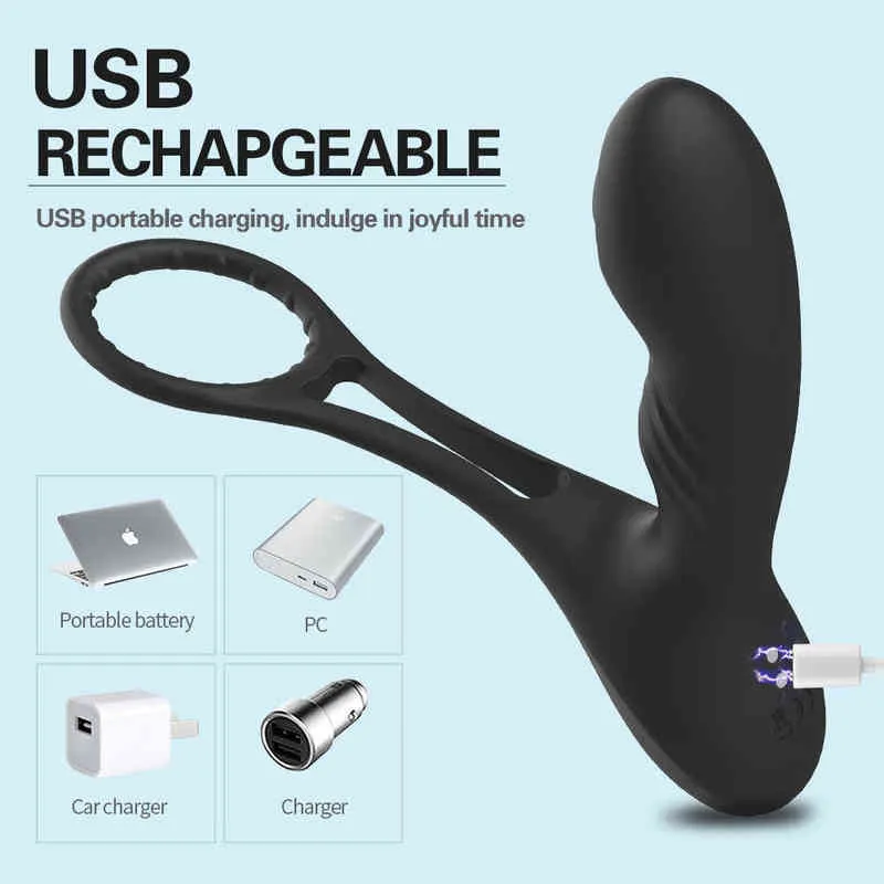 Nxy Anal Toys Double Anneaux Plug Vibrateur Chauffage Gode Mâle Massage De La Prostate Retarder L'éjaculation Testicule Bondage Masseur Sex Toy Shop 220506