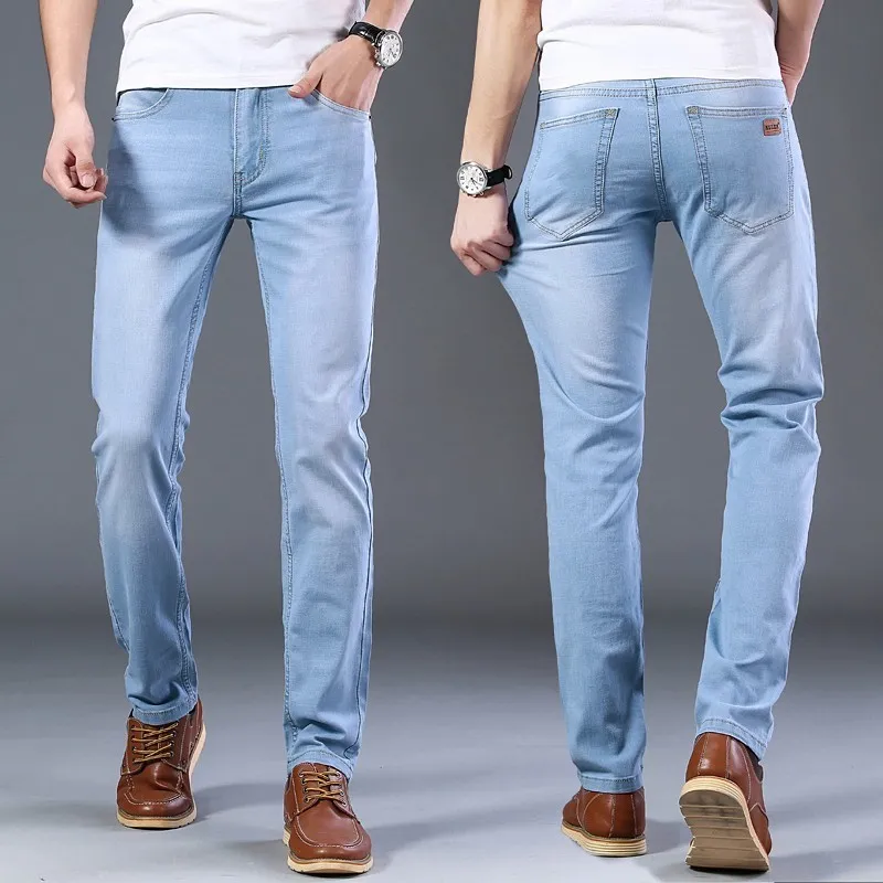 Sulee varumärke topp klassisk stil män vår sommar jeans affärer casual ljusblå stretch bomull manlig byxor 220328