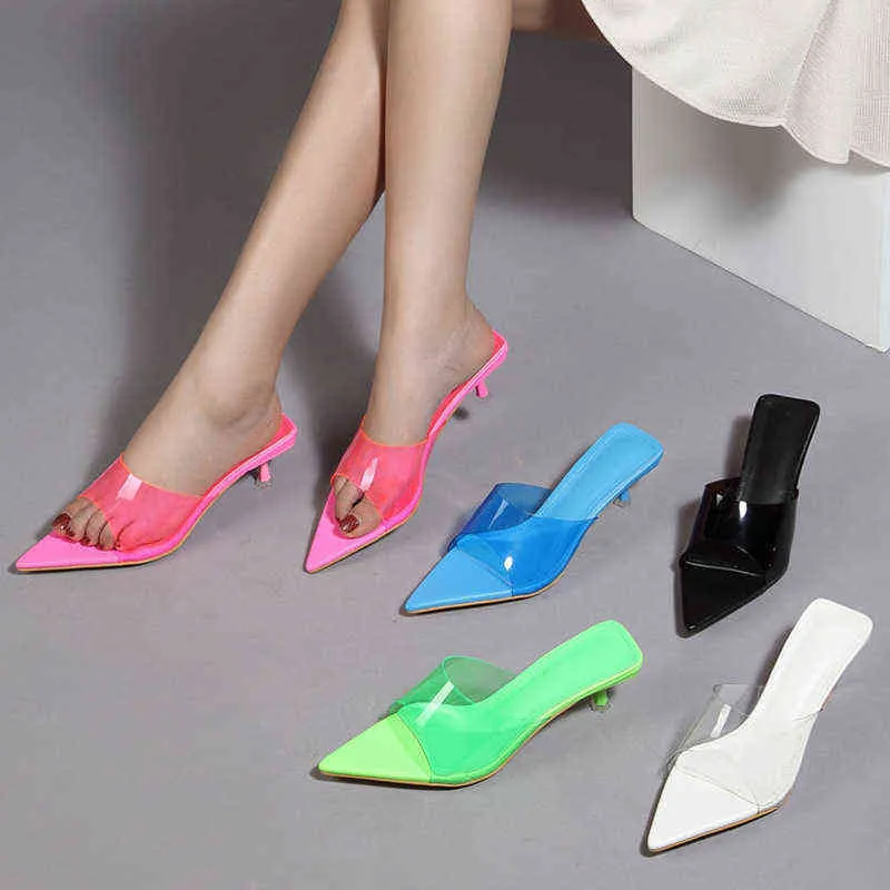 Slippers Candy Color Transparent Pvc Material Pointed Cat Heel One Word with Fashion Women Sandals 2022 Summer Midheel Sexy Beach Slides 220514