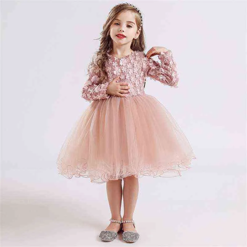Robe de princesse pour enfants à manches longues fleur applique robe d'anniversaire soirée porm robes robe causale enfants automne vêtements G220428
