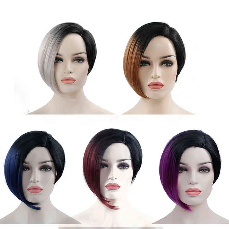 Perruques noires courtes pour femmes, cheveux gris ombrés, perruque de Cosplay synthétique en Fiber résistante à la chaleur avec racines foncées, 220622