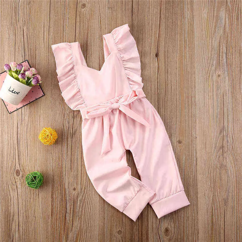 Ny mode sommarflickor Rompers kläder Lossa ärmlös rygglös Romper Casual Solid Pink Lace Jumpsuit G220521