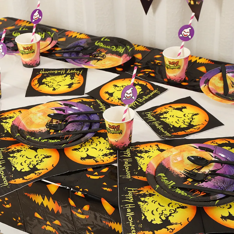 Halloween Purple Castle Disposable Party Tableware Halloween Decorations For Home Horror House Party Ornament Paper Plates Cups 220815