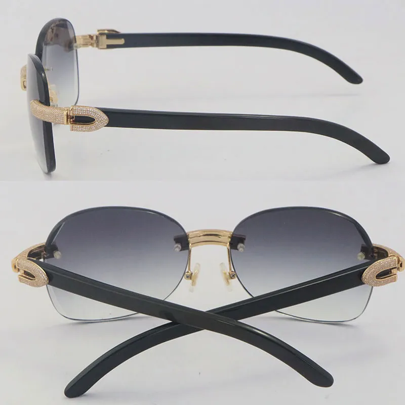 Nouvelles lunettes de soleil en métal sans monture avec diamants micro-pavés 3524012 Original noir corne de buffle cadre de luxe en or 18 carats C décoration mâle a235f