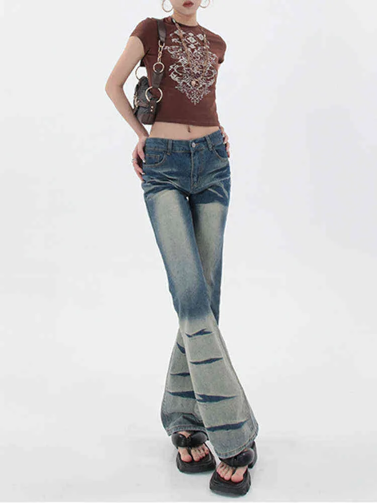 Hoog getailleerde contrasterende kleur Micro-blade jeans zomer hete meid ontwerp wijdbenige rechte hoofdstraat slanke denim broek T220728