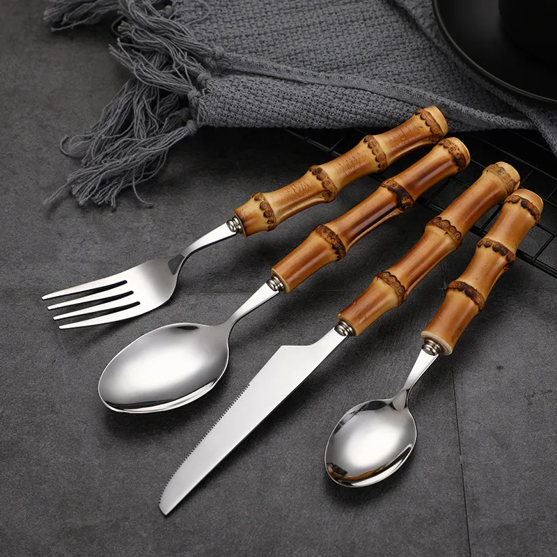 Zestaw obiadowa 18/10 Zestaw stalowy Ze Stali Nierdzewnej Naturalny Bambusa Nóż Wózek Widelec Łyżka Luksusowe Cutlery Zestaw Flatware