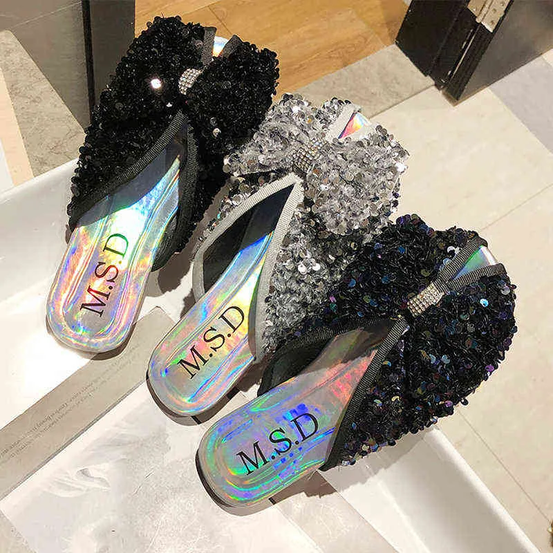Slippers Low Women Summer Loafers Female Shoes Cover Toe Slides Fashion Soft Flat Luxury Bling Rubber Pu Basic 220329
