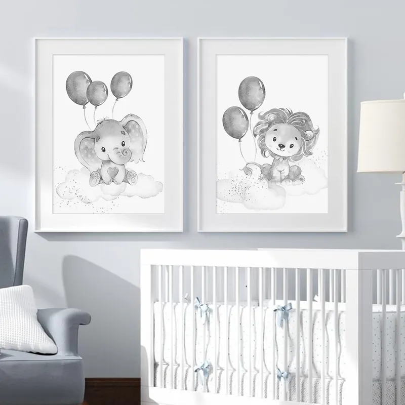 Benutzerdefinierte Baby-Initialen Name Elefant Löwe Aquarell Poster Kinderzimmer Wandkunst Leinwand Malerei Druck Bilder Kinderzimmer Home Decor 220614