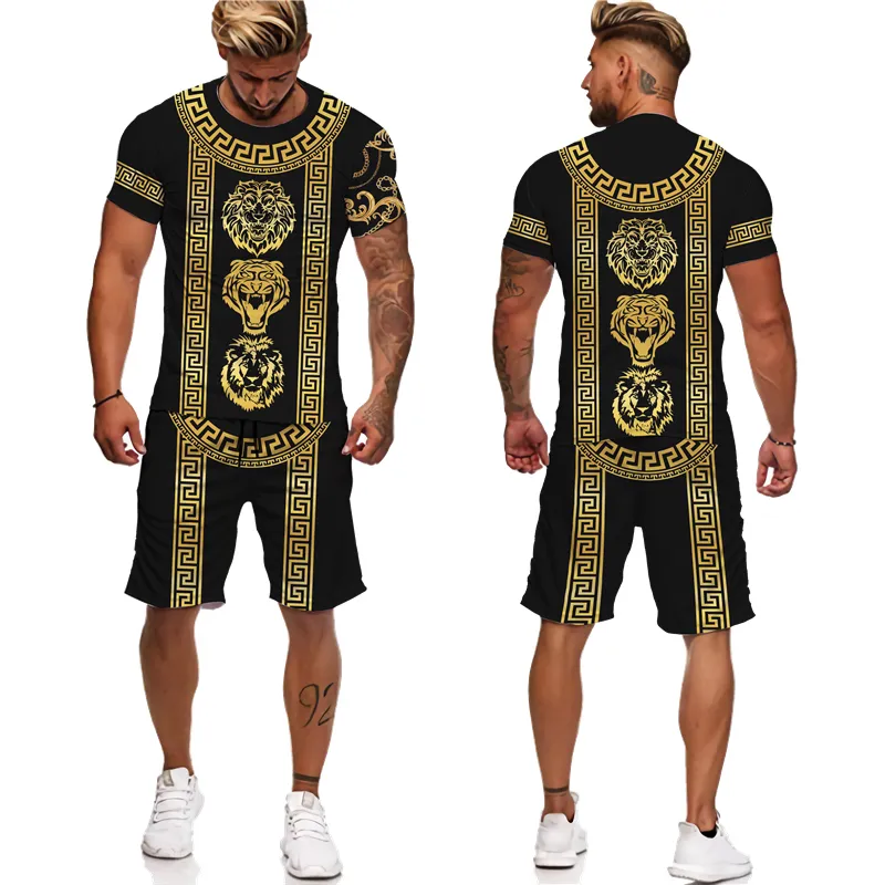 Été Golden Lion 3D Imprimé Tees Shorts Costume Hommes Casual Graphic T Shirt Deux Pièces Ensemble Hip Hop Mode Survêtement À Manches Courtes 220719
