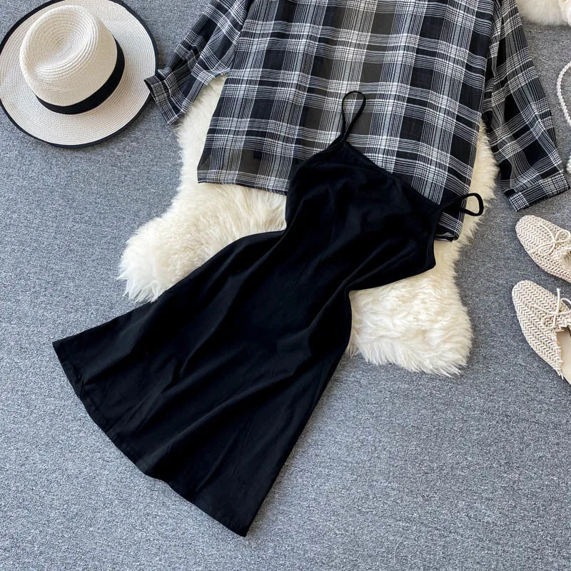 Ly Varey Lin Summer Autumn Casual Two Piece Set Long Sleeve Plaid Gray Overcoats Spaghetti Strap Slim Black Dress 220509