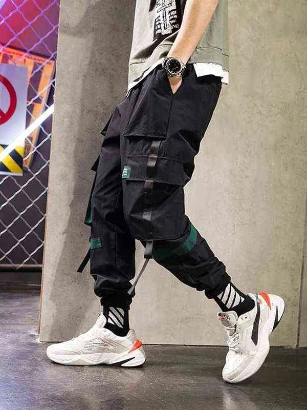 Primavera verão Multi-Pockets Fita Pants de carga Homem Hip Hop Streetwear Black Joggers Male calças casuais respiráveis ​​G220507