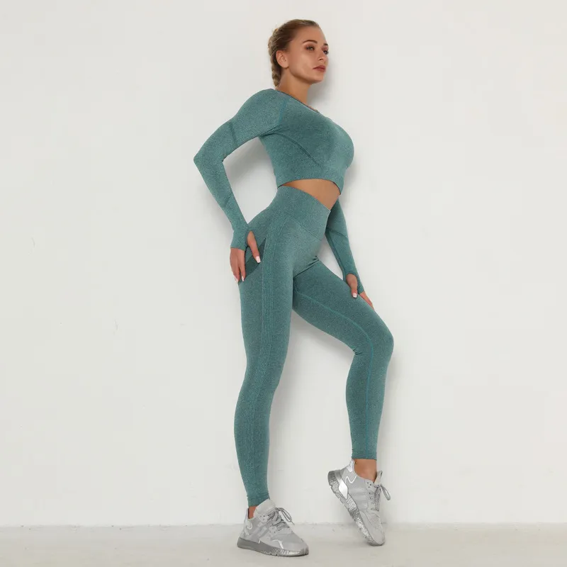 Dikişsiz Kadın Spor Seti Uzun Kollu Üst Yüksek Bel Göbek Kontrolü Spor Tayt Giysi Takım Elbise Seksi Ganimet Kızlar 220330