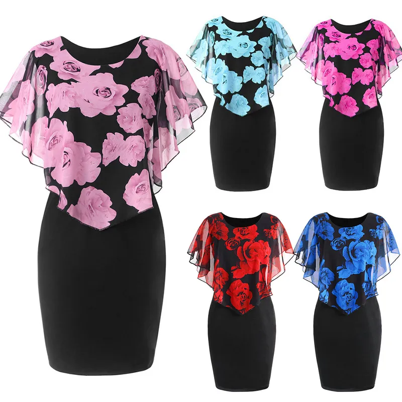 Été Lâche Femmes Robe Élégant Bureau Dame Rose Fleur Imprimer Cape Moulante Genou Longueur Rouge 220613