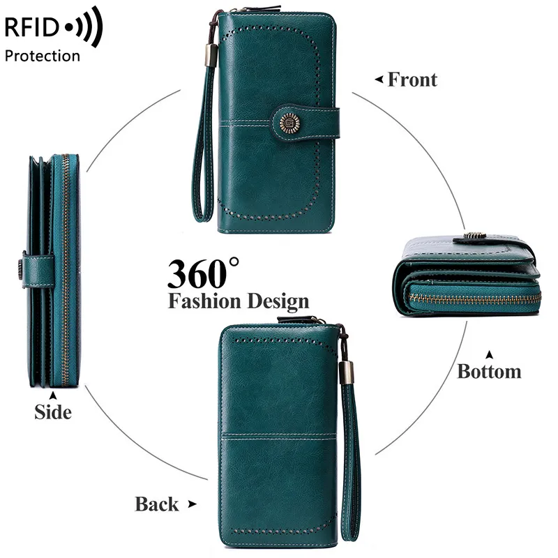Alta Qualidade Mulheres Carteira RFID Anti Roubo De Couro Carteiras Para Mulher Longa Zipper Grande Senhora Saco De Embreagem Feminino Bolsa Cartão Titular