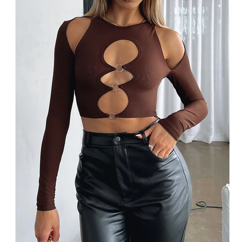 WSEVYPO Women Cutout Crop Topps Solid Color Tshirt Sexig långärmad rund hals ihåliga ut tees med ringar Streetwear Pullovers 220805