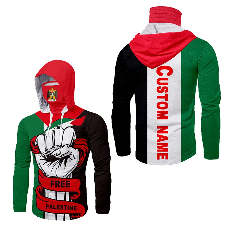 CJLM Custom Free Palestine Mask Ninja Fist Hooded Long Sleeve T-shirt Tattoo Oversized Long-sleeved Shirt Scarf Palestine Flag 220619